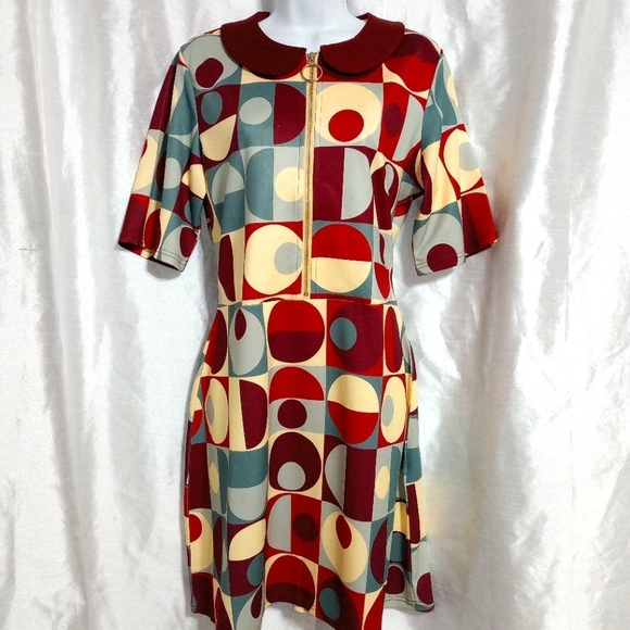 BANNED designed in England Retro geometric Red Zipper DRESS - Picture 1 of 7